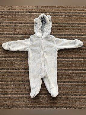 First Impressions Light Gray Hooded Footed One-Piece Fuzzy Fleece Jumpsuit